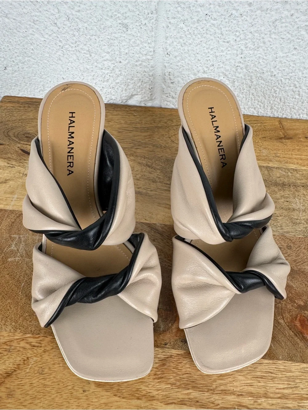 Halmanera Italy Leather Twist Knot Heeled Sandals Beige Black Size 37